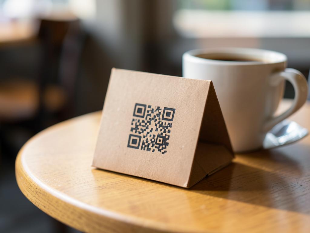 QR code on a table tent beside a coffee cup in a café